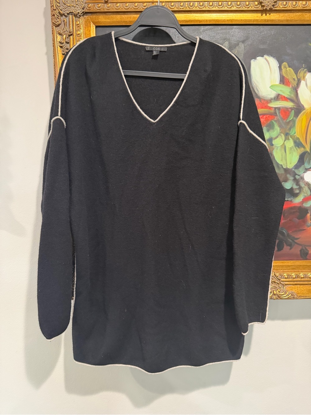 COS 100% Wool Black V-Neck Sweater with Cream Contrast Piping